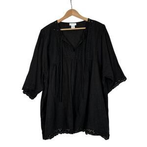 Tweeds Black Eyelet Boho Tunic Linen Blend Blouse Size: 3X
